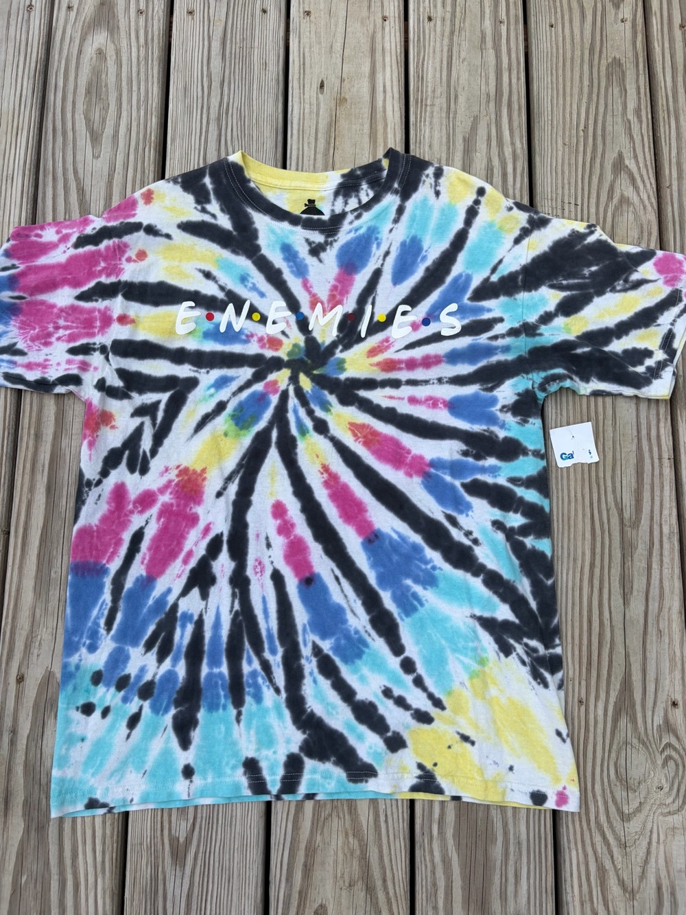 Launder Large Tie Dye Friends Enemies T‎ Shirt Funny NWT COLORFUL HIPPIE GRUNGE